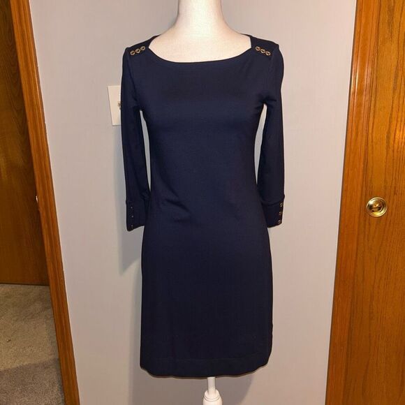 Lilly Pulitzer UPF 50+ Sophie Dress Navy Blue 3/4 sleeve gold button size XS - Picture 2 of 12